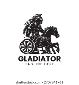 Una ilustración en blanco y negro de un poderoso gladiador en un carro tirado por un fuerte caballo, representado en un dinámico estilo romano antiguo.