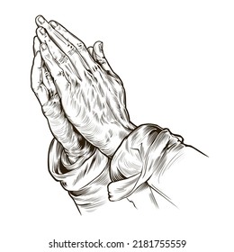 Black and white illustration of prayer hand. Vector hand drawn prayer hand