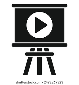 Black and white illustration of a presentation board with a play symbol, depicting video or slideshow concept