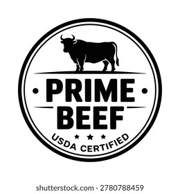 Black and white illustration of a prime beef label featuring a bull silhouette and USDA