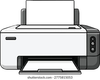 A black and white illustration of a printer with paper loaded, showcasing its design and functionality for office or home use.