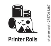 Black and white illustration of printer rolls with a landscape print