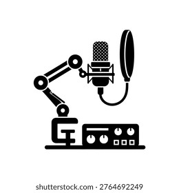 A black and white illustration of a professional microphone on an adjustable arm with a pop filter and an audio interface.