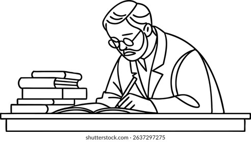 Black and white illustration of a professor writing at a desk surrounded by books