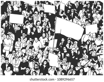 Black and white illustration of protesting crowd with sings banners and flag