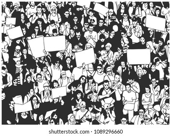 Black and white illustration of protesting crowd with sings banners and flag