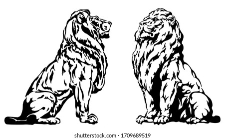 誇り高く強い獅子が半ば横顔に座っている白黒のイラスト のベクター画像素材 ロイヤリティフリー Shutterstock