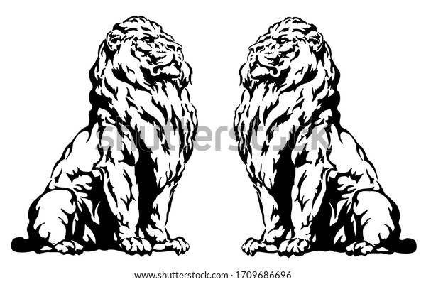 誇り高く強い獅子が半ば横顔に座っている白黒のイラスト のベクター画像素材 ロイヤリティフリー