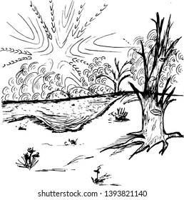 Black white illustration of a psychedelic landscape. Water, sky, tree with an eye.