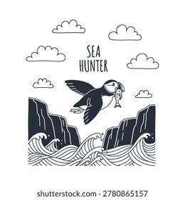 Black and white illustration of a puffin flying over the sea with a fish in its beak. Minimalist nautical sea hunter design with waves, cliffs, and clouds in a hand-drawn style.