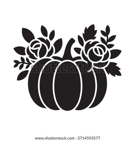 A black and white illustration of a pumpkin adorned with roses and leaves