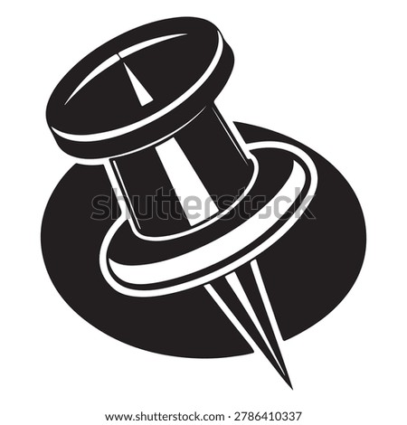 Black and white illustration of a push pin with a round head and sharp point on a circular background