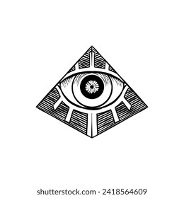 black and white illustration of a pyramid with an eye in the middle