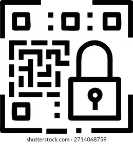 Ilustração em preto-e-branco de um código QR com um símbolo de cadeado, representando autenticação e proteção seguras para transações e dados digitais.