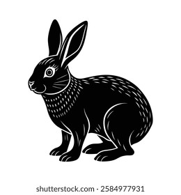 A black and white illustration of a rabbit