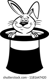 Black and white illustration of a rabbit coming out of a top hat.