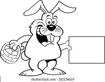 Black and white illustration of a rabbit holding a basket and a sign.