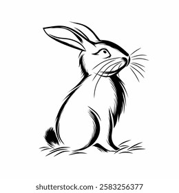 black and white illustration of a rabbit on a white background