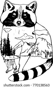 Black and white illustration of a raccoon, mountains and forests in it. Double Exposure
