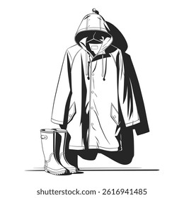 Black and white illustration of a raincoat and rubber boots.
