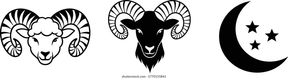 Black and white illustration of rams and a crescent moon with stars