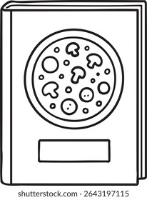 Uma ilustração a preto e branco de um livro de receitas com uma imagem de pizza na capa e uma etiqueta em branco.