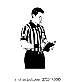 Uma ilustração em preto e branco de um árbitro de uniforme, segurando um caderno e uma caneta, aparecendo para registrar informações.