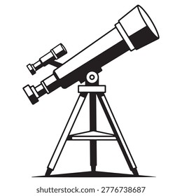 A black and white illustration of a refracting telescope mounted on a sturdy tripod, ready for observation.