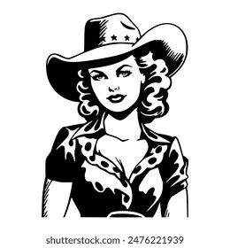 Black and white illustration of a retro cowgirl with curly hair and a wide-brimmed hat, capturing a classic Western style.