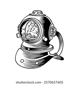 black and white illustration of retro diving equipment with brain