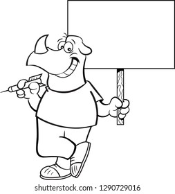 Black and white illustration of a rhino holding a dart and a sign.