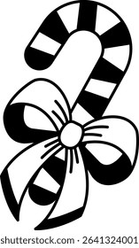 black and white illustration of a ribbon is tied around a candy cane