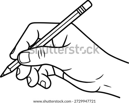 A black and white illustration of a right hand grasping a pencil between the thumb and index finger