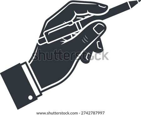 A black and white illustration of a right hand grasping a pen, poised to write or draw.