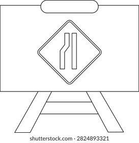 A black and white illustration of a road narrows ahead warning sign on a stand.