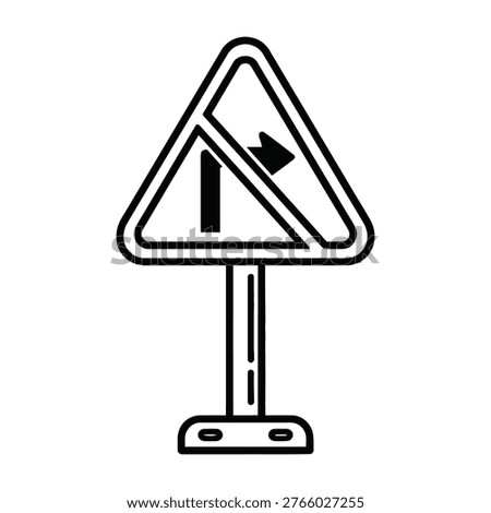 Black and white illustration of road sign indicating lane merge ahead on highway, traffic sign