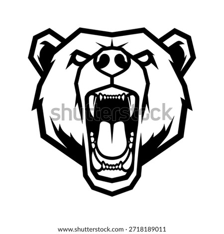 Black and white illustration of a roaring bear head with sharp teeth and menacing expression