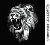 Black and white illustration of roaring lion head, creative design, elegant, dark background. - Vector.