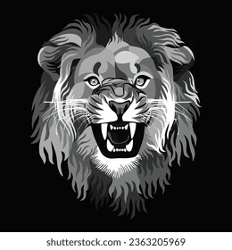 Black and white illustration of roaring lion head, creative design, elegant, dark background. - Vector.