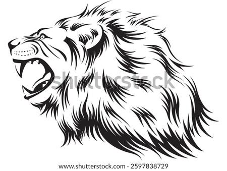 Black and white illustration of a roaring lion