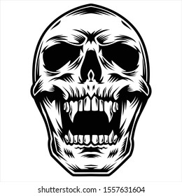 a black and white illustration with a roaring skull theme