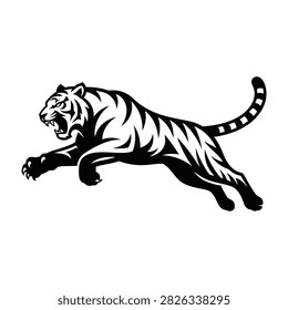 Black and white illustration of a roaring tiger running wild animal