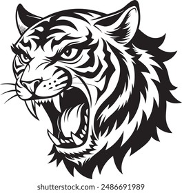 black and white illustration of a roaring tiger's head. The tiger has a fierce expression, with its mouth open, showing sharp teeth and fangs. The fur is intricately drawn with flowing lines, giving i