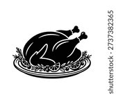A black and white illustration of a roasted turkey on a platter