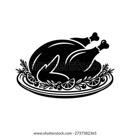 A black and white illustration of a roasted turkey on a platter