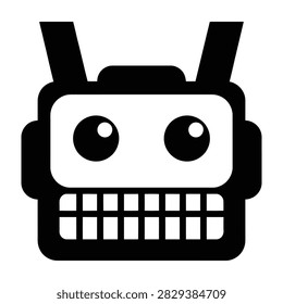 A black and white illustration of a robot face with big eyes and a toothy grin