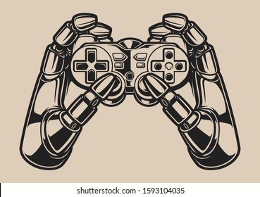 Black and white illustration with robot hand and game joystick on a white background. Isolated.