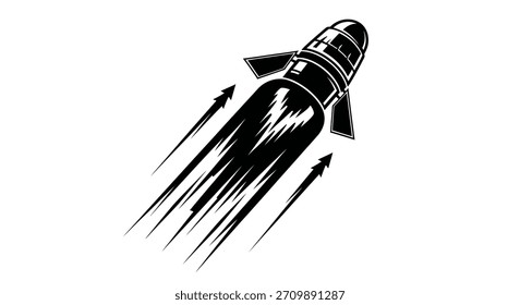 A black and white illustration of a rocket ascending with speed trails, symbolizing progress and innovation.