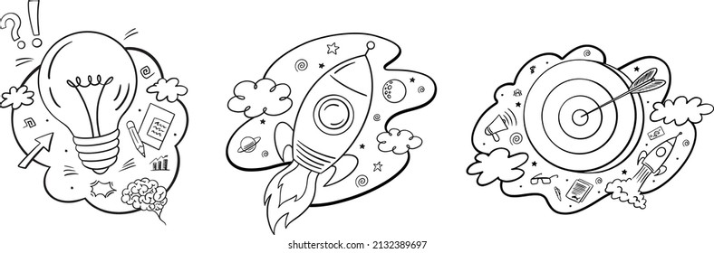 Black and white illustration with rocket, bulb and target. Vector hand drawn start up and idea for business symbols