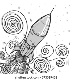 Black and white illustration. The rocket in flight.